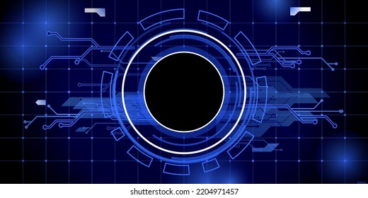 Abstract technology background with circles in center. Hi tech, digital connect, big data, blockchain technology innovation concept with glowing elements. Vector illustration on indigo background