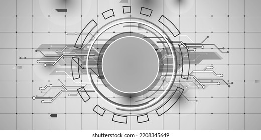 Abstract technology background with circles in center. Hi tech, digital connect, big data, blockchain technology innovation concept with glowing elements. Vector illustration on white background