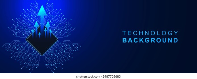 Abstract technology background with circuit board, microchip and up arrow. High technology central computer processor CPU concept. Vector illustration