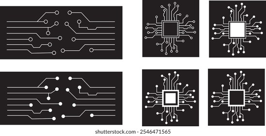 Abstract Technology Background circuit board pattern icons set isolated transparent. Ai chip electronics and connected dots. Data tech bg black flat and line motherboard vector Communication concept - Powered by Shutterstock - Get 15% off with code: PIKWIZARD15