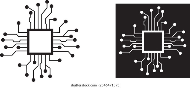Tecnologia abstrata Plano de fundo circuito placa padrão ícones conjunto transparente isolado. Ai chip eletrônico e pontos conectados. Tecnologia de dados bg preto plano e linha motherboard vetor Conceito de comunicação