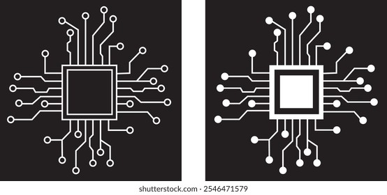 Tecnologia abstrata Plano de fundo circuito placa padrão ícones conjunto transparente isolado. Ai chip eletrônico e pontos conectados. Tecnologia de dados bg preto plano e linha motherboard vetor Conceito de comunicação