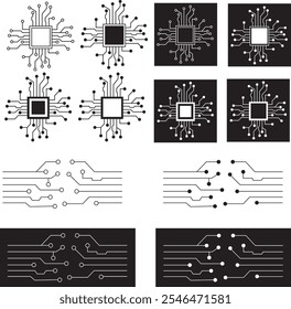 Abstract Technology Background circuit board pattern icons set isolated transparent. Ai chip electronics and connected dots. Data tech bg black flat and line motherboard vector Communication concept