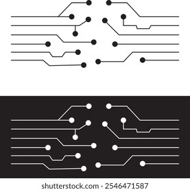 Abstract Technology Background circuit board pattern icons set isolated transparent. Ai chip electronics and connected dots. Data tech bg black flat and line motherboard vector Communication concept