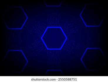 Fondo de tecnología Abstractas. El diagrama de la placa de circuito con forma hexagonal está sobre un fondo azul.