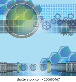 Abstract technology background with cogwheels, metallic circles and various futuristic elements