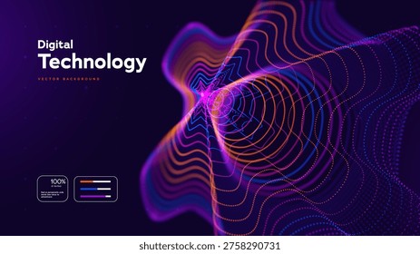 Abstract Technology Background With Colorful Neon Waves And Dynamic Particle Lines. Big Data Flow And Digital Network Concept. Technology Innovations And Data Systems. Vector Illustration.