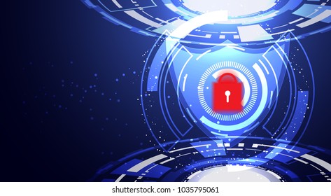 abstract technology background concept futuristic Cyber security blue digital circle and padlock red warning on dark blue light with spread for crime internet safety hi tech future design background
