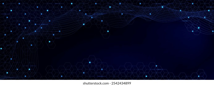 Fundo de tecnologia abstrato com pontos de conexão e fluxo de ondas. Rede digital e visualização de big data. Ilustração vetorial