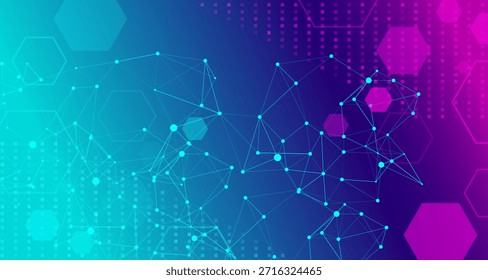 Fundo de tecnologia abstrata com pontos e linhas de conexão. Conceito de rede de dados digitais com estrutura de plexo e formas hexágono em um gradiente azul e roxo.