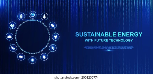 Abstract technology background. Creative vector illustration with icons for sustainable energy, ecology, recycle, electricity, and renewable energy. Ecological environment and green concept.