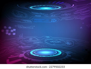 Resumen Tecnología Fondo Pantalla Curva Perspectiva de la rejilla de circuito electrónico Círculo de tecnología brillante con elementos y púrpura claro con rosa en la esquina, fondo de gradiente azul