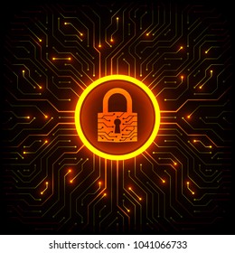 Abstract technology background. Cyber security concept. Closed padlock on digital circuit board vector illustration.