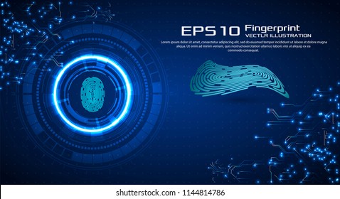 	
Antecedentes tecnológicos abstractos. Concepto de ciberseguridad. Dedo en estilo futurista. Id. biométrico con interfaz HUD futurista. Ilustración del concepto de tecnología de digitalización de huellas digitales