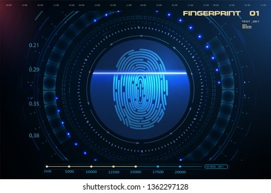 	
Abstract technology background. Cyber security concept. Fingerprint scanning in style HUD GUI UI on  blue futuristic background. Biometric scanning to safe access abstract