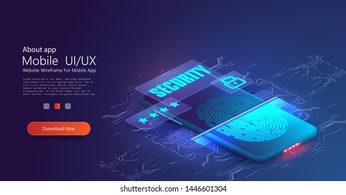 Abstract technology background. Cyber security concept. Fingerprint scanning. Mobile data security isometric vector illustration. Online payment protection. Vector illustration