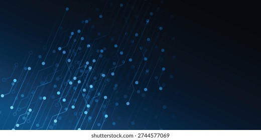 Abstract technology background with dark blue glowing dots and lines, representing circuitry, network connections, and futuristic digital data for innovation and communication.