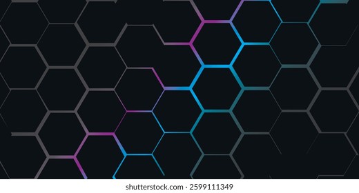 Abstract technology background of dark hexagons with bright flashes of blue and pink under the hexagons.vector illustration