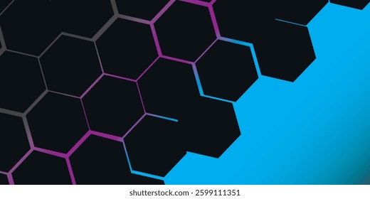 Abstract technology background of dark hexagons with bright flashes of blue and pink under the hexagons.vector illustration