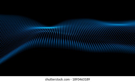 Resumen de los antecedentes tecnológicos. Ola digital de partículas azules. Visualización de la estructura de sonido. Paisaje de puntos de flujo.