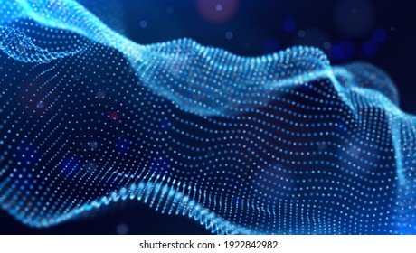 Abstract technology background. Digital blue particle wave. Sound structure visualization. Flow dot landscape.