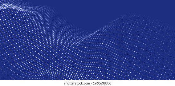 Resumen de los antecedentes tecnológicos. Ola digital de partículas azules. Visualización de la estructura de sonido. Paisaje de puntos de flujo.