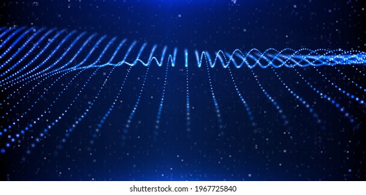 Abstract technology background. Digital blue particle wave. Sound structure visualization. Flow dot landscape.