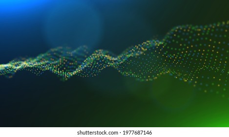 Abstract technology background. Digital blue and green particle wave. Sound structure visualization. Flow dot landscape.