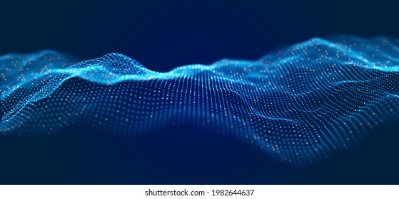 Abstract technology background. Digital blue particle wave. Sound structure visualization. Flow dot landscape.