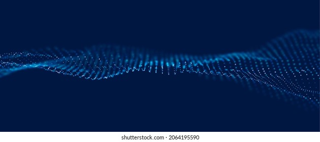 Resumen de los antecedentes tecnológicos. Ola digital de partículas azules. Visualización de la estructura de sonido. Paisaje de puntos de flujo.