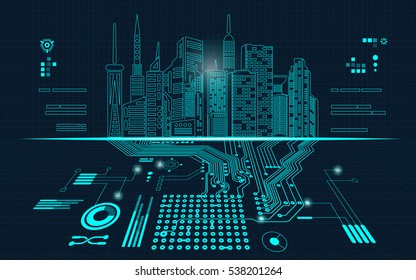 abstract technology background; digital building in a matrix style; technological city combined with electronic board