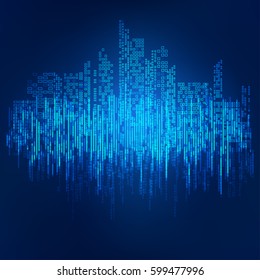 abstract technology background; digital building in matrix style; binary city of blue light, 