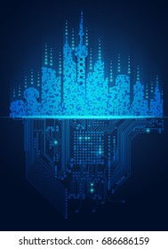 abstract technology background; digital building in a matrix style; technological city combined with electronic board