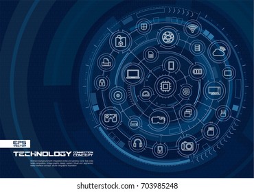 Abstract technology background. Digital connect system with integrated circles, glowing thin line icons. Virtual, augmented reality touch interface concept. Vector future infographic illustration