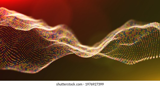 Abstract technology background. Digital gold particle wave. Sound structure visualization. Flow dot landscape.