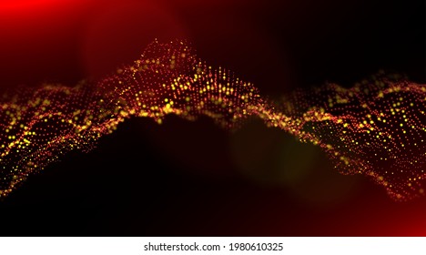 Abstract technology background. Digital gold particle wave. Sound structure visualization. Flow dot landscape.