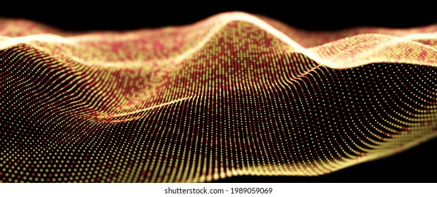 Abstract technology background. Digital gold particle wave. Sound structure visualization. Flow dot landscape.