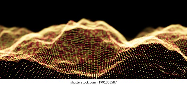 Abstract technology background. Digital gold particle wave. Sound structure visualization. Flow dot landscape.
