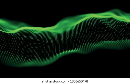 Abstract technology background. Digital green particle wave. Sound structure visualization. Flow dot landscape.