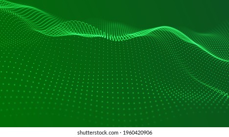 Abstract technology background. Digital green particle wave. Sound structure visualization. Flow dot landscape.