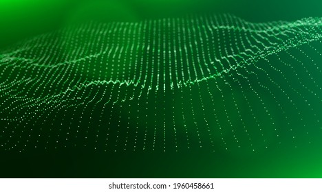 Abstract technology background. Digital green particle wave. Sound structure visualization. Flow dot landscape.