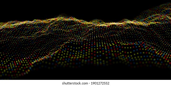 Abstract technology background. Digital red and yellow particles wave. Sound structure visualization. Flow dot landscape.