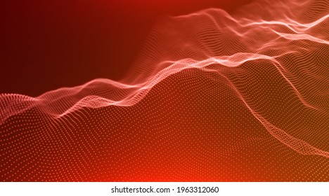 Abstract technology background. Digital red particle wave. Sound structure visualization. Flow dot landscape.