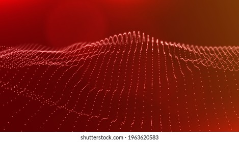 Abstract technology background. Digital red particle wave. Sound structure visualization. Flow dot landscape.