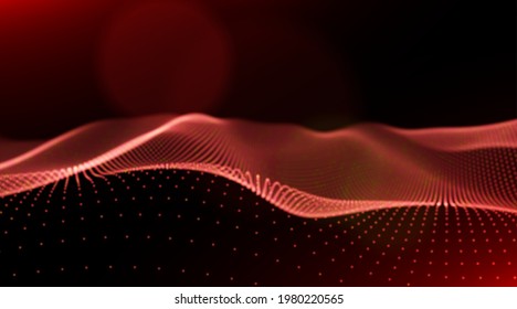 Abstract technology background. Digital red particle wave. Sound structure visualization. Flow dot landscape.