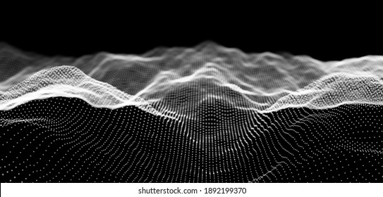 Abstract technology background. Digital white particle wave. Sound structure visualization. Flow dot landscape.