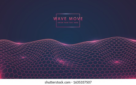 Abstract technology background dyanmic warp wave hexagon line 3d grid ground. Cyber technology Ai tech wire network futuristic wireframe.