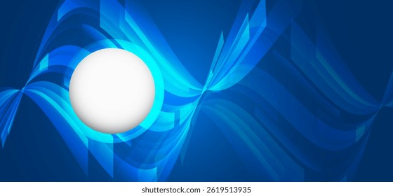 Abstract technology background with dynamic blue flowing lines and glowing white sphere in the center. Modern, high-tech design, perfect for communication topics, business presentations.