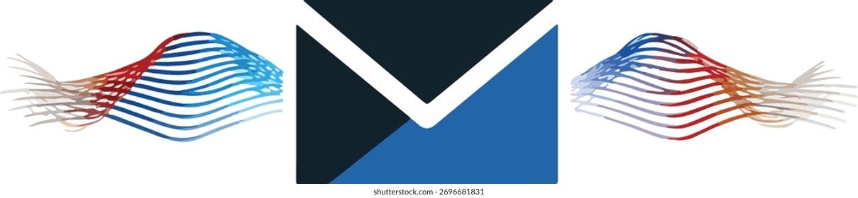 Abstract technology background with dynamic flowing sine waves and geometric envelope symbol isolated on white.

