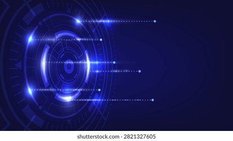 Abstract technology background featuring futuristic HUD interface, glowing circular dashboard, digital network, blue neon light, cyber user interface, virtual control panel, data connection, innovation concept, artificial intelligence visualization, modern communication system, high-tech display, geometric elements, radial rings, luminous lines, interactive analytics, smart infrastructure, advanced computing, cybersecurity, cloud platform, business presentation, science theme, clean vector illustration with copy space
